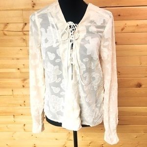 Ivory -thru with floral motif blouse by Miss Me, Laced Up Front  NWT
